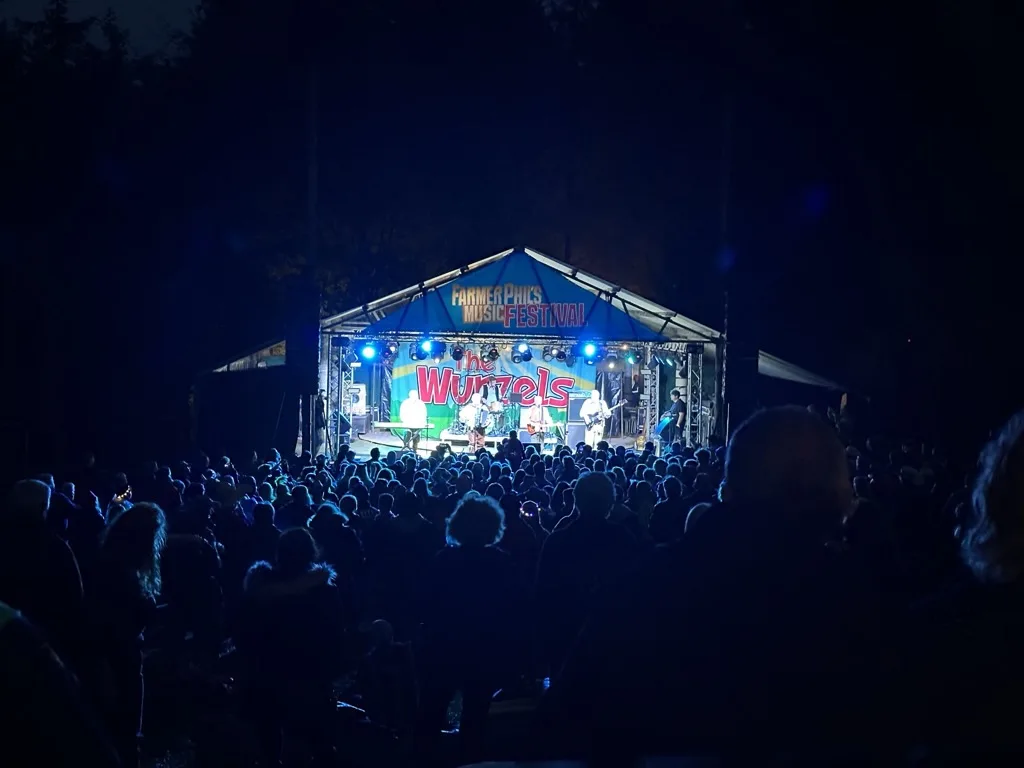 Marquee stage lit in blue at night with the crowd silhouetted in the foreground
