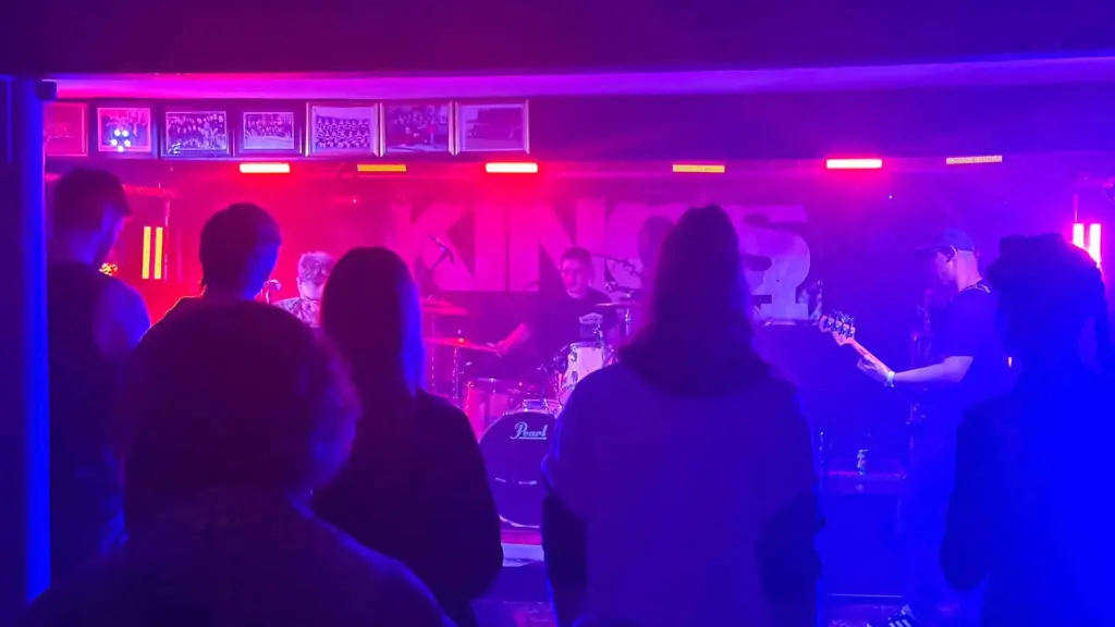 Audience watching band perform with moody lighting behind them.