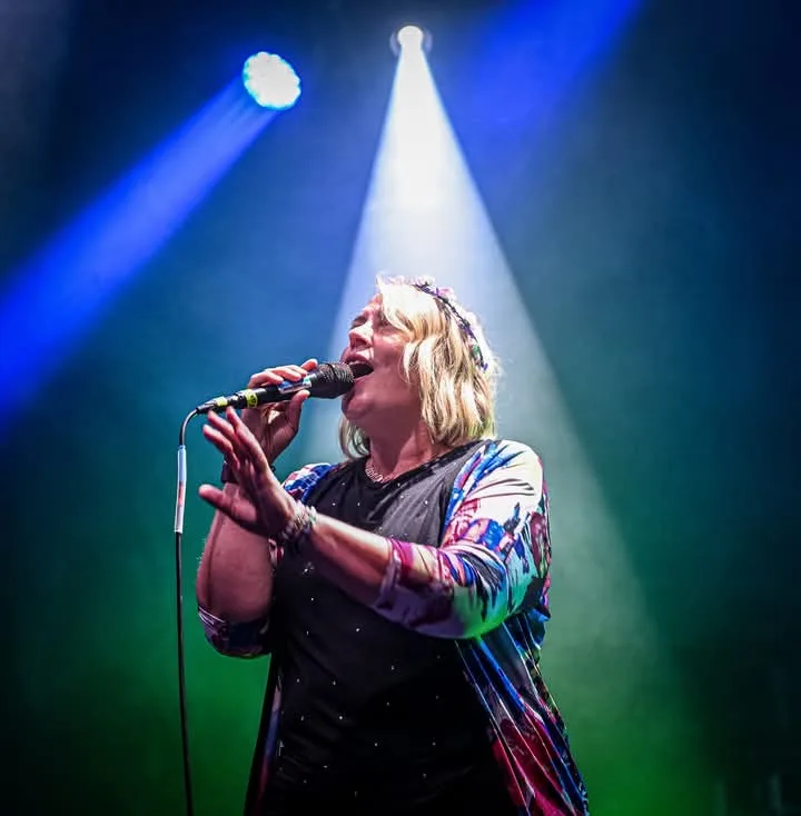 Singer performing under a white spotlight against green and blue stage lighting at Meadowfest