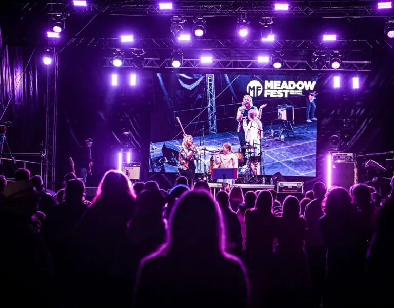 Crowd silhouetted by purple light shinning out from satge. A lady sings with her daughter on a stage and the image is showing on the video wall behind them.