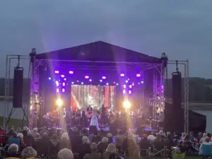 Audience sat down watching an orchestra and a singer ona stage with video wall at the back and lights above.