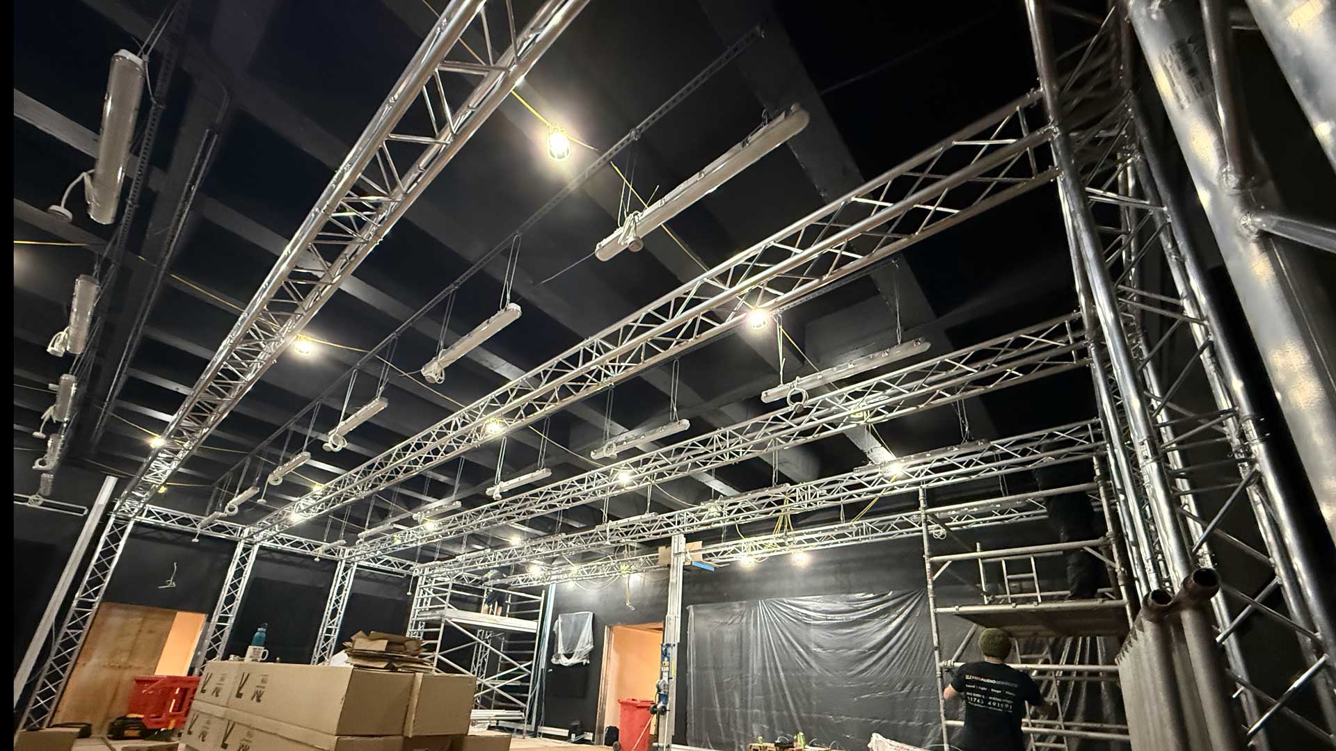 Quad truss frame assembled to rig both lighting and cameras