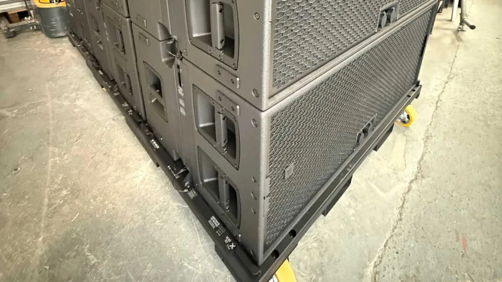 Rolling dolly with TT+ Audio GTS29 Dual 19" Subwoofers mounted