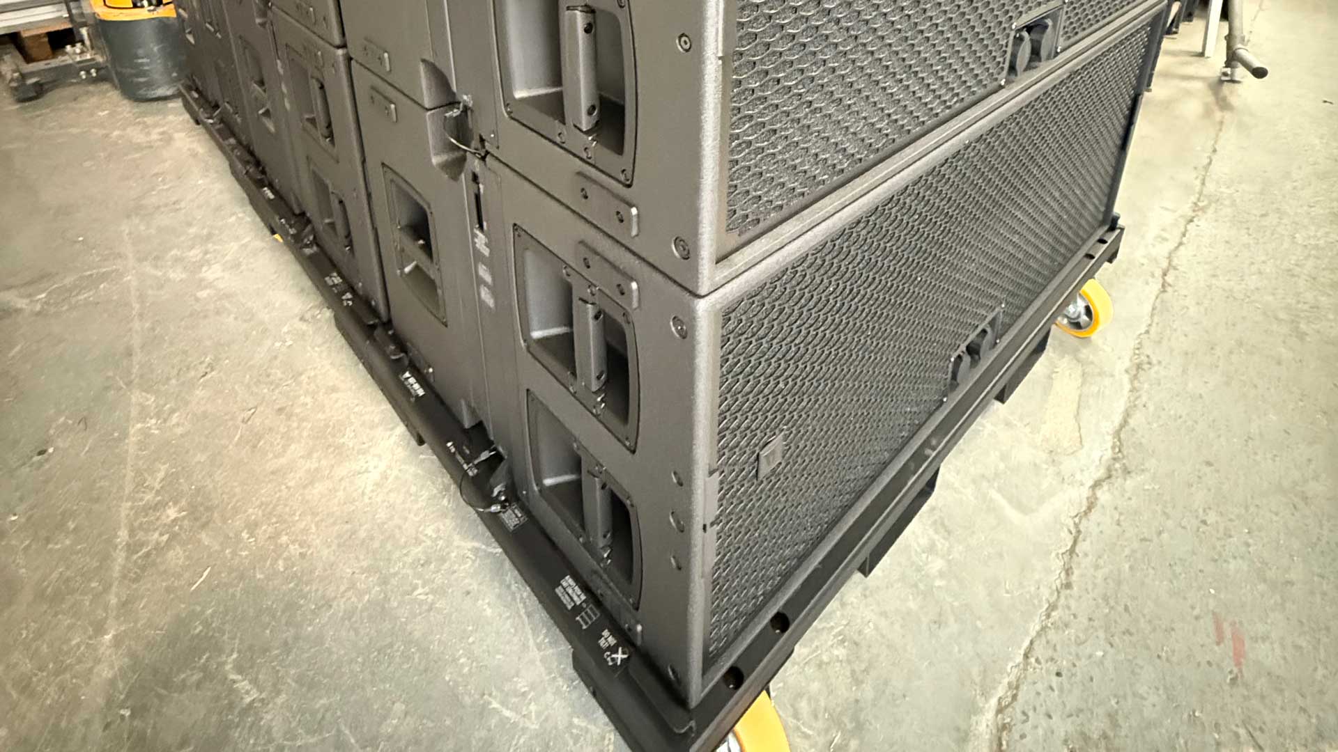 Rolling dolly with TT+ Audio GTS29 Dual 19" Subwoofers mounted