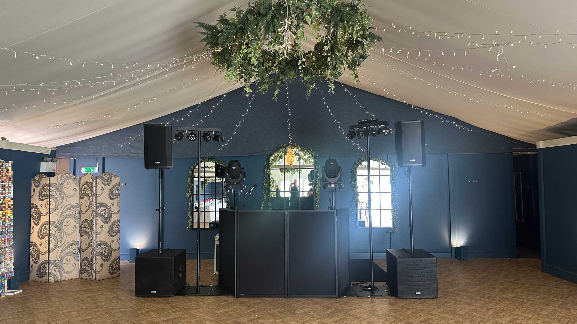 Point Source Sound System for Wedding DJ setup within a marquee