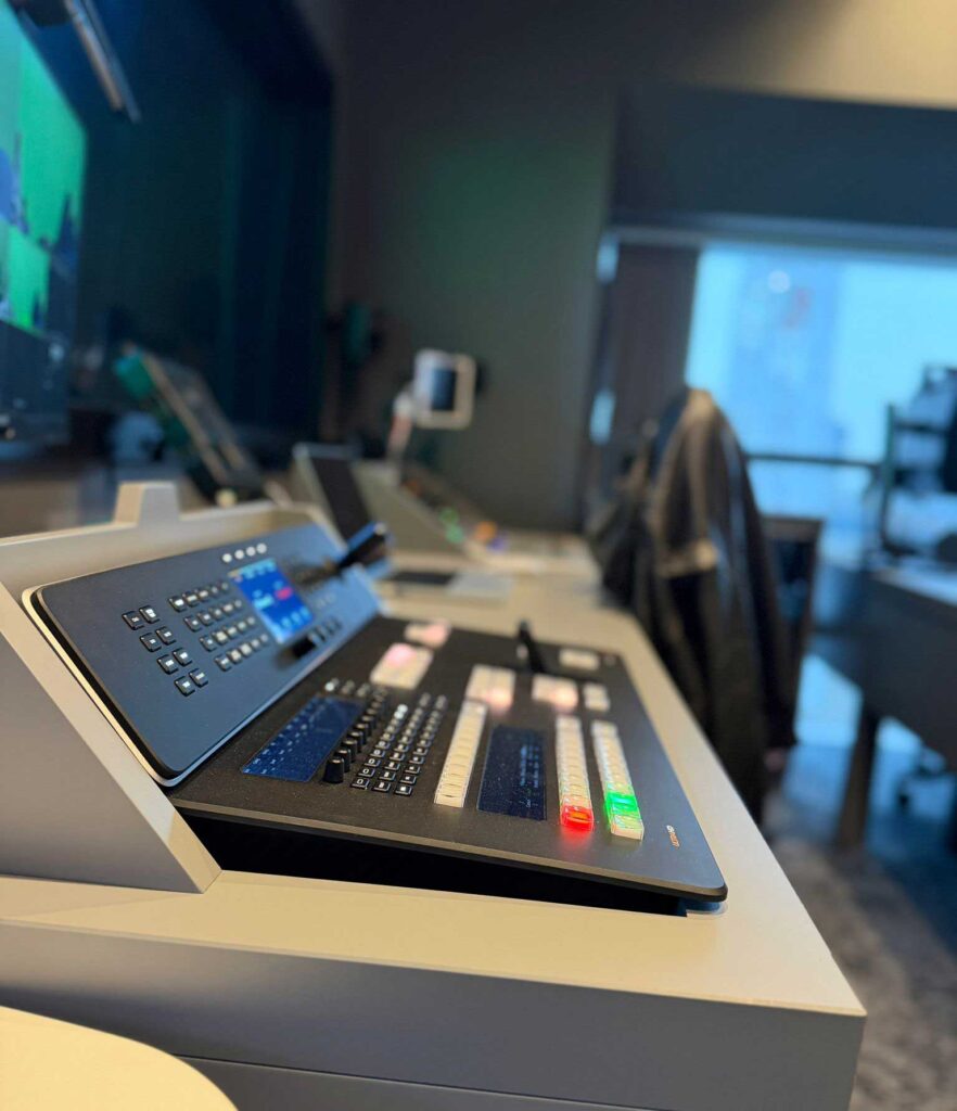 Blackmagic Design ATEM TV Studio 4K8 vision mixer installed into custom studio desk