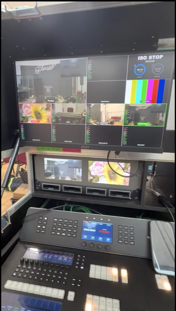 Looking at the multi-view display of our HD8 vision mixer and built-in scopes within our video production rack.