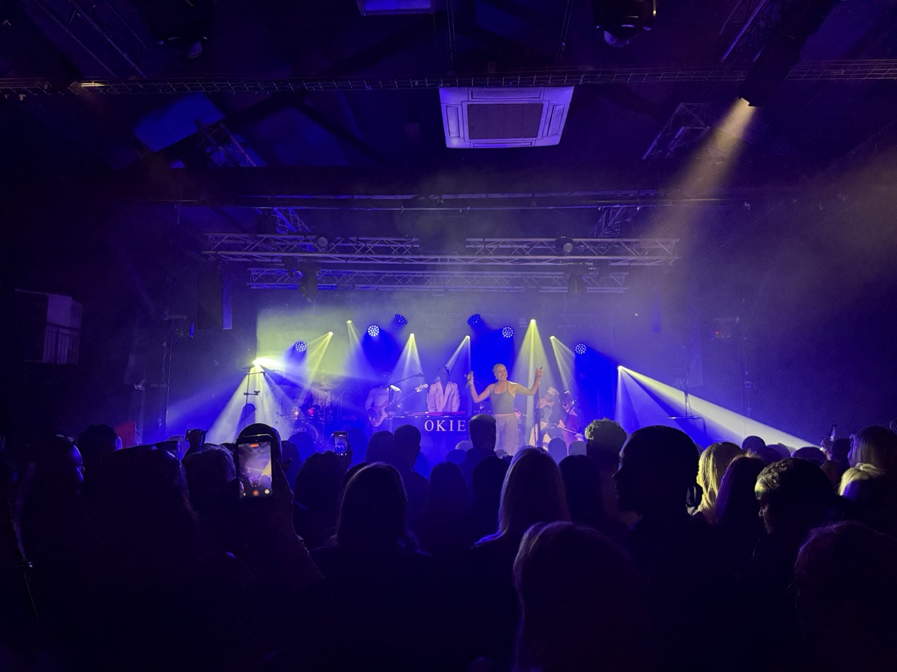 Audience watching a band perform in a stage.